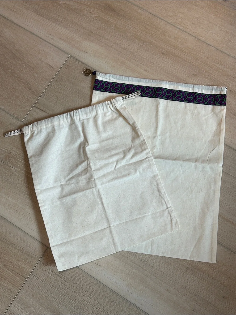 Set of 2 New Tory Burch Cream Canvas Dust Bag - 12”x15 and 14”x18
